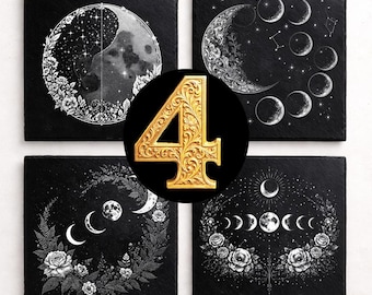 4 Moon Digital Files For Laser Engraving Slate Coasters PNG Bundle 4000x4000px Celestial Botanical Lunar Phases | Witchy Nature Slate
