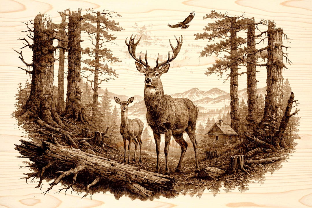 Deer Family Wood Engraving Art Wildlife PNG Rustic Forest Cabin Decor ...