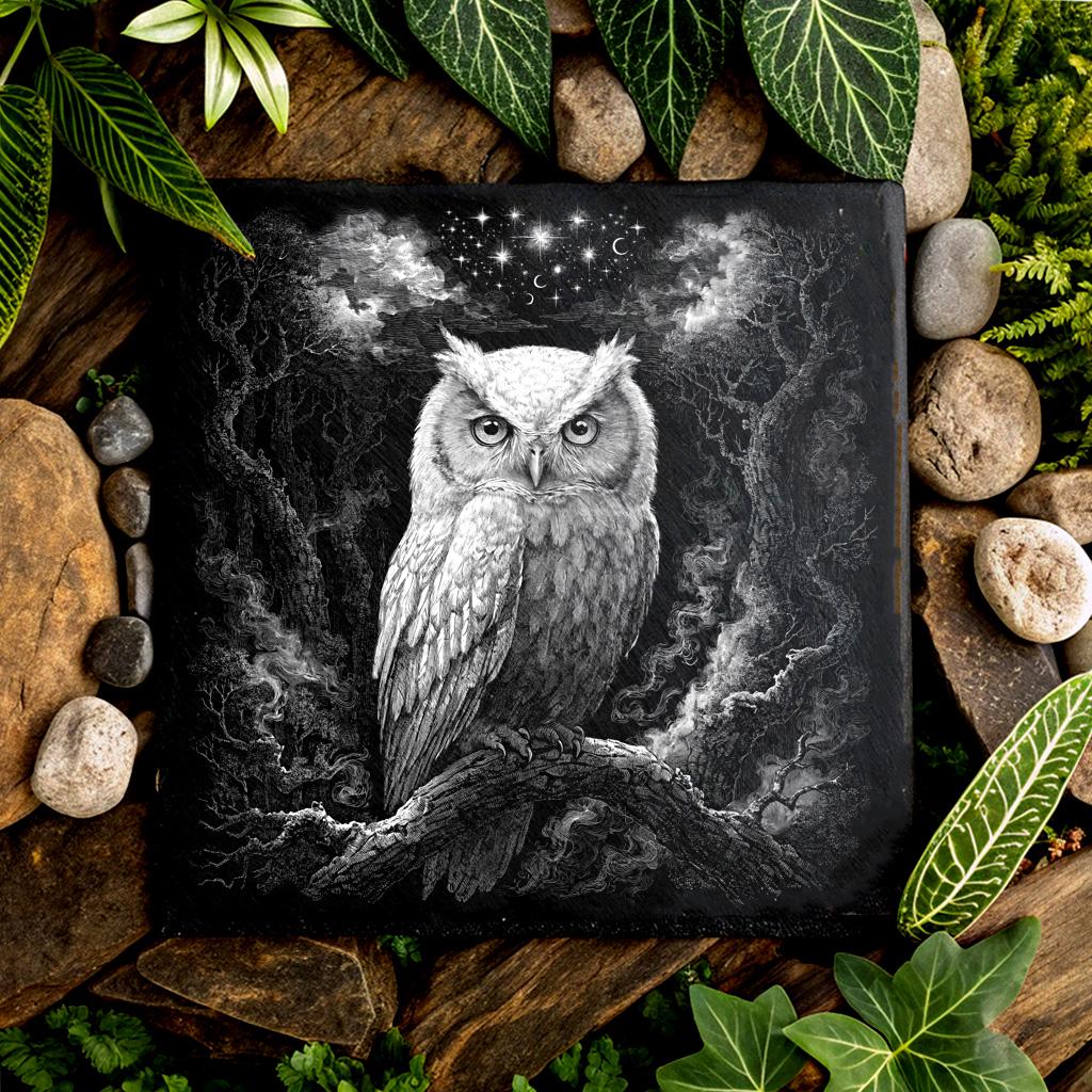 Owl Laser Engraving PNG for Black Slate Celestial Forest Owl Gothic Wildlife Digital Download 13x13 