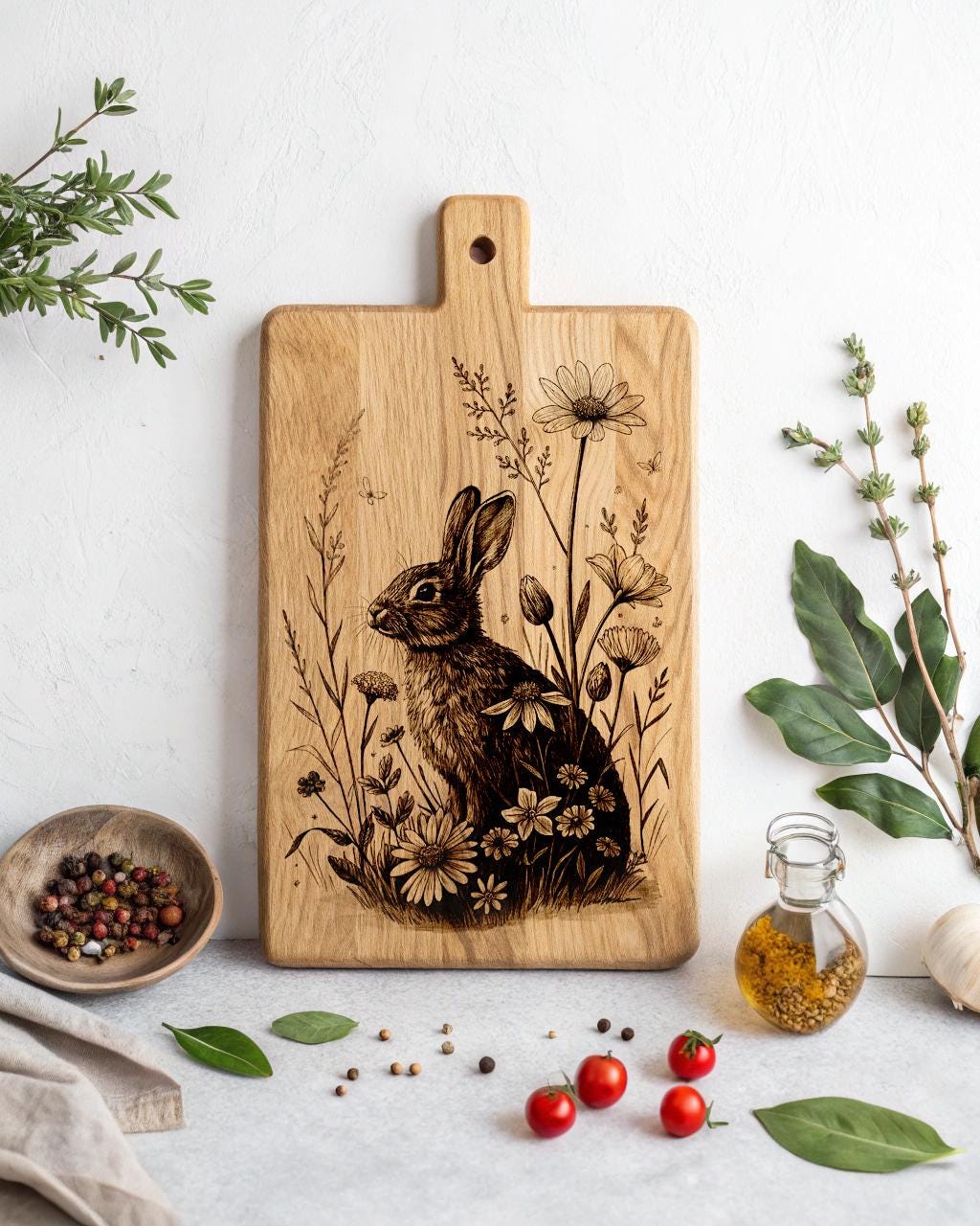 Rabbit Engraved Floral Bunny Engraving Design PNG– Rabbit in Wildflowers Wall Art ...