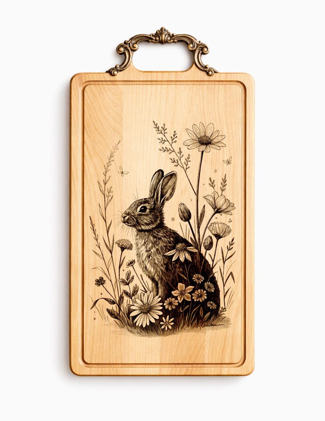 Rabbit Engraved Floral Bunny Engraving Design PNG– Rabbit in Wildflowers Wall Art ...