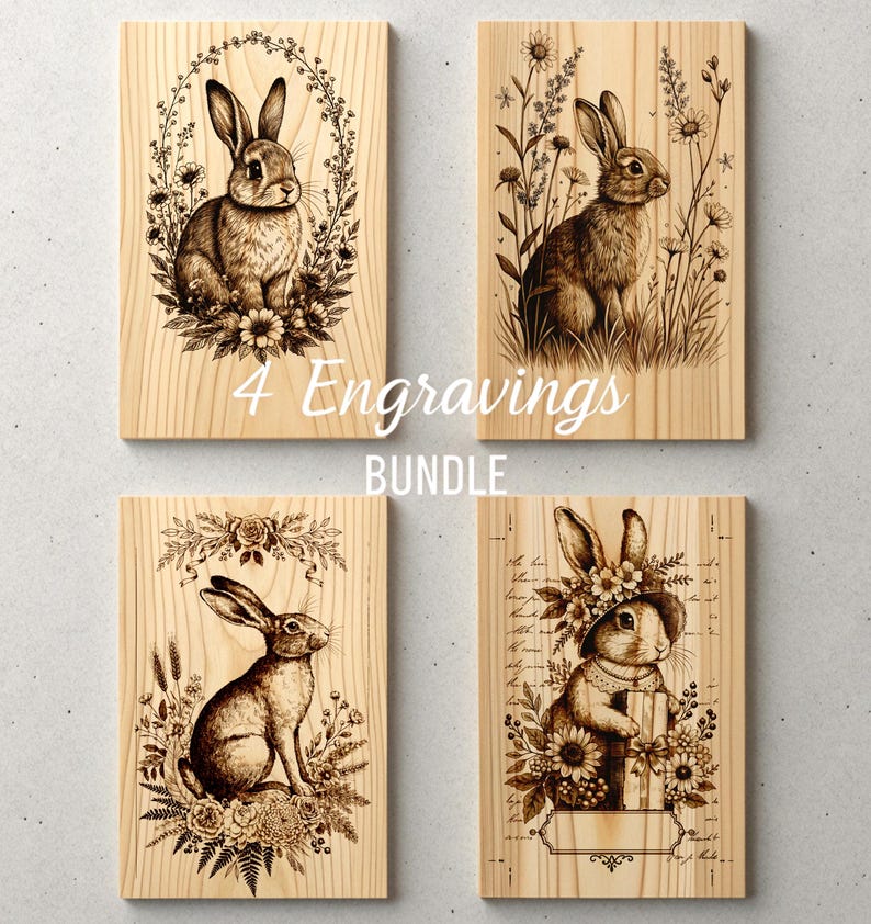 Rabbit Engraved Bunny Engraving Bundle 4 Designs Vintage Rabbit Floral Set Laser ...