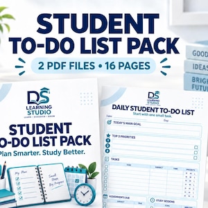 Può includere: Un pacchetto di liste di cose da fare per studenti stampabile con 16 pagine in 2 file PDF. Il design include una lista di cose da fare giornaliera con sezioni per obiettivi, priorità, compiti, scadenze e sessioni di studio in blu e bianco.
