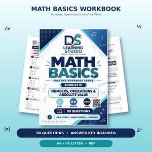 May include: A Math Basics workbook featuring a blue and white cover with the text DS Learning Studio, Math Basics, Practice Workbook Series, Booklet 01, Numbers, Operations & Absolute Value, 90 Questions, and visual lesson icons.