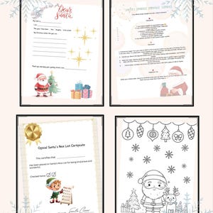 Könnte beinhalten: Ein druckbares Weihnachtspaket mit vier Seiten. Es enthält einen Brief an den Weihnachtsmann, ein Keksrezept, ein Zertifikat für die Liste der lieben Kinder und eine Ausmalvorlage mit Weihnachtsmann und Rentieren. Der Text "Dear Santa" ist sichtbar.