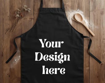 Black Apron Mockup on Rustic Wood Background, Floral Kitchen Styling, Farmhouse Cooking Apron, Etsy Product Photo