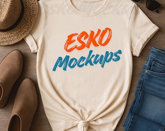 Bella Canvas 3001 Sand Shirt Mockup, Neutral Beige Tee Flat Lay PNG, Boho Unisex T-Shirt Mock Up, Modern Boutique Lifestyle Photo