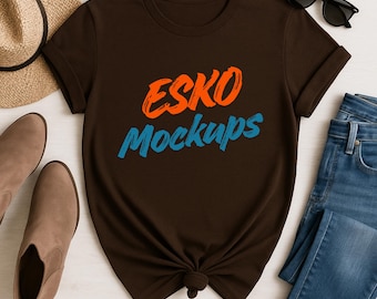 DARK CHOCOLATE  64000  T-Shirt Mockup, Blue Tee Flat Lay PNG, Unisex Neutral Shirt Mock Up, Modern Lifestyle Boutique Photo