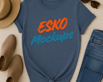 Gildian 64000 Heather indigo T-Shirt Mockup, Blue Tee Flat Lay PNG, Unisex Neutral Shirt Mock Up, Modern Lifestyle Boutique Photo