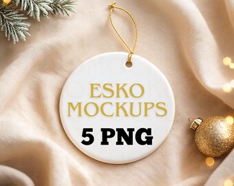 Christmas Ornament Mockup Bundle, 5 Mockups Round Heart Star Shapes, Ceramic Bauble PNG, Canva Drag & Drop Templates,Holiday Scene Photo Set
