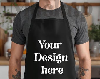 Black Apron Mockup on Male Model, Clean Kitchen Apron Mockup, Minimal Cooking Apron, Neutral Etsy Product Photo