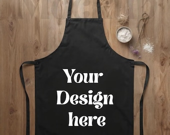Black Apron Mockup, Rustic Baking Scene with Flour, Wooden Background Apron, Cooking Apron, Kitchen Mockup, Etsy Listing Image