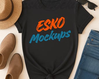 Bella Canvas 3001 T-shirt nera mockup, T-shirt neutra scura in formato PNG, maglietta nera unisex minimal mockup, foto di una boutique moderna