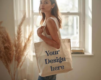 Lifestyle Canvas Tote Bag Mockup, Natural Light Window Scene, Clean Boho Shopping Bag Mockup for Logo Preview