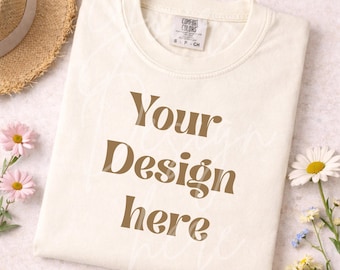 Ivory T-Shirt Mockup | Comfort Colors 1717 | Soft Neutral Cream Tee Flat Lay | Minimal Plain Flatlay Photo, Real Mockup PNG