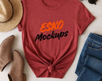 HEATHER CARDINAL 64000  T-Shirt Mockup, Blue Tee Flat Lay PNG, Unisex Neutral Shirt Mock Up, Modern Lifestyle Boutique Photo