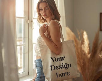 Natural Canvas Tote Bag Mockup with Woman, Bright Window Light Boho Scene, Blank Branding Shopping Bag