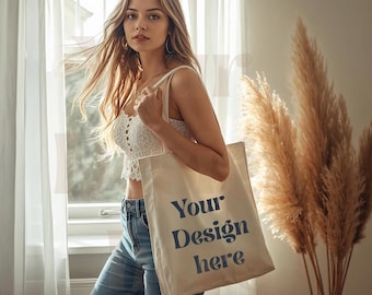 Minimal Canvas Tote Mockup with Woman Model, Neutral Boho Interior, Blank Tote Bag PSD for Print on Demand