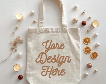 Natural Tote Bag Mockup, Canvas Bag Flat Lay, Minimal Neutral Aesthetic Tote Mock-up, Spa Wellness Scene, Marble Background Mockup