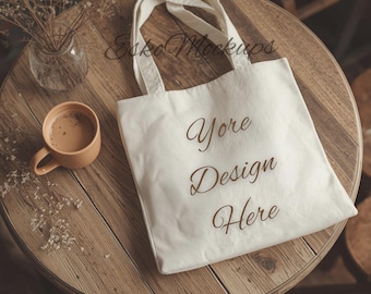 Neutral Tote Bag Mockup on Rustic Wooden Table, Boho Canvas Bag PNG,Coffee Scene Eco Tote Mockup, Minimal Natural Cotton Bag Photo