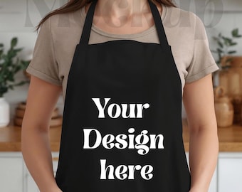 Black Apron Mockup on Female Model, Minimal Kitchen Apron Mockup, Clean Neutral Cooking Apron, Etsy Listing Image