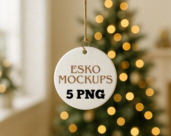 Holiday Bauble Mockup Pack, 5 Ceramic Ornament Scenes, Round Heart Star Snowflake PNG, Canva Template Set, Warm Christmas Lifestyle Mockups
