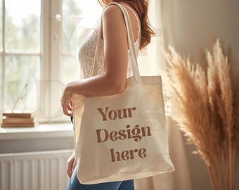 Maqueta de bolsa de lona con modelo de mujer, maqueta de bolsa con ventana bohemia natural, bolsa de compras en blanco PSD para marca
