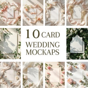May include: A collection of ten wedding card mockups, featuring blank cards with floral arrangements and ribbons. The cards are displayed on a variety of backgrounds, including fabric and greenery. The text "10 CARD WEDDING MOCKUPS" is displayed in the center.