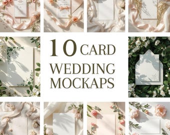 Wedding Card Mockups Set of 10, Romantic Floral Invitation Bundle, 5x7 Stationery Mock Up, Elegant Boho Card Display for Canva & PNG