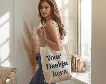 Canvas Tote Bag Mockup, Boho Woman Holding Tote, Soft Window Light Natural Shopping Bag Mockup for Brand Design