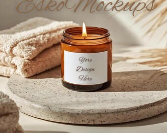 Simple Amber Candle Mockup, Brown Glass Jar, Editable Candle Label Template, High-quality PNG