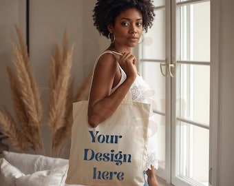 Boho Canvas Tote Mockup with Female Model, Soft Daylight Interior, Neutral Fabric Shopping Bag PSD
