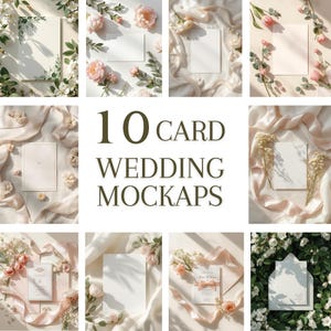 May include: Ten wedding card mockups, each with a blank card surrounded by flowers and ribbons. The cards are presented in different arrangements, including on satin and amongst flowers. The text "10 CARD WEDDING MOCKUPS" is visible.