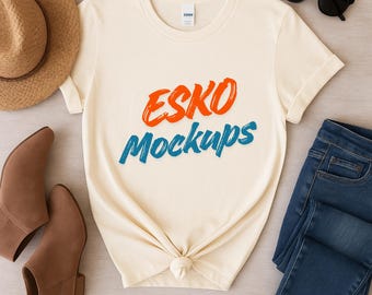 NATURAL Gildian 64000  T-Shirt Mockup, Blue Tee Flat Lay PNG, Unisex Neutral Shirt Mock Up, Modern Lifestyle Boutique Photo
