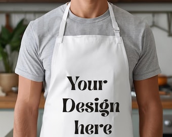 Weiße Schürze auf männlichem Model, saubere Küchenschürze, minimale Kochschürze, neutrales Etsy Produktfoto