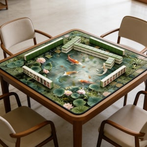 Koi Fish Mahjong Game Mat, Lotus Pond Game Mat, Waterproof and Non-slip Mahjong Mat Cover, the Ideal Choice for Mahjong Lovers.