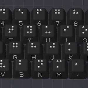 May include: A black keyboard with white Braille characters on the keys. The keys are arranged in a standard QWERTY layout, with numbers and symbols across the top row. The Braille dots are raised and clearly visible.