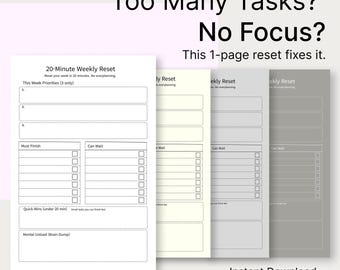 Weekly Planner PDF, 1 Page Weekly Reset Worksheet, Brain Dump Printable