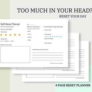 May include: A stack of white Soft Reset Planner pages with the text "TOO MUCH IN YOUR HEAD? RESET YOUR DAY". The planner includes sections for mood, energy level, and daily goals. The bottom of the image reads "4 PAGE RESET PLANNER".