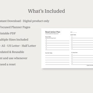 May include: A white printable planner page with the text "Reset Action Plan" and checkboxes for tasks. The image also includes a list of what's included: instant download, 4 planner pages, printable PDF, multiple sizes, and undated and reusable.