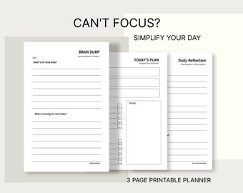 Brain Dump Printable, ADHD Planner PDF, Focus Worksheet, Daily Planning Sheet