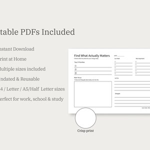 May include: A printable PDF planner with the text "Find What Actually Matters." The planner includes sections for priorities, focus, and tasks. The text "Printable PDFs Included" is at the top, with bullet points for features like instant download and multiple sizes.
