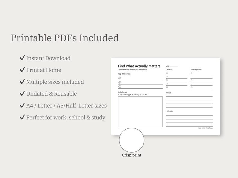 May include: A printable PDF planner with the text "Find What Actually Matters." The planner includes sections for priorities, focus, and tasks. The text "Printable PDFs Included" is at the top, with bullet points for features like instant download and multiple sizes.