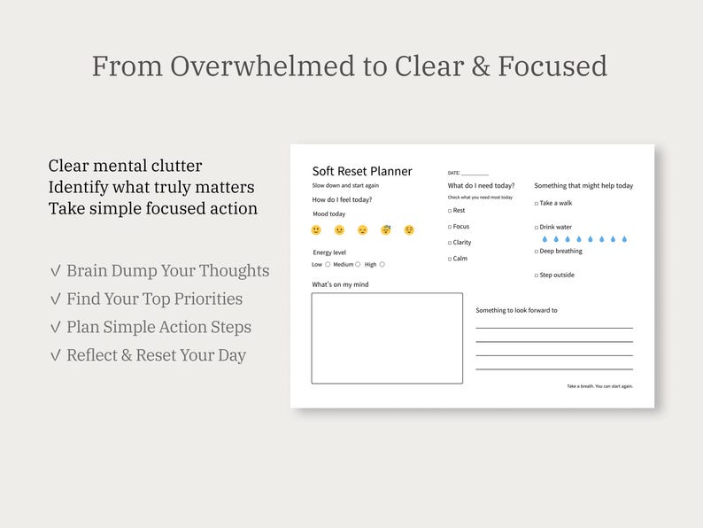 May include: A white Soft Reset Planner with prompts for daily reflection, including mood tracking and goal setting. The text "From Overwhelmed to Clear & Focused" is at the top. Additional text includes "Clear mental clutter" and "Brain Dump Your Thoughts."