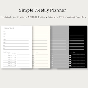 Puede incluir: Un planificador semanal sencillo con un diseño minimalista. La imagen muestra cuatro variaciones de color diferentes: blanco, crema, gris y negro. Cada página del planificador incluye secciones para los días de la semana, un seguimiento semanal y listas de tareas. El texto "Simple Weekly Planner" está en la parte superior.