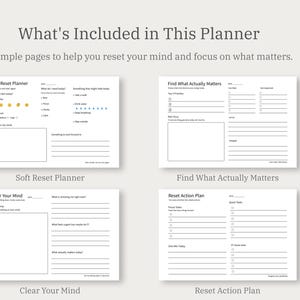 May include: A planner with four pages designed to help reset the mind and focus on what matters. The pages include sections for a soft reset, finding what matters, clearing the mind, and a reset action plan. The text "What's Included in This Planner" is at the top.