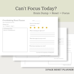 Puede incluir: Un planificador de reinicio de tres páginas con el texto "Can't Focus Today?" y "Brain Dump → Reset → Focus." El planificador incluye secciones para niveles de energía, estado de ánimo y sobrepensamiento.