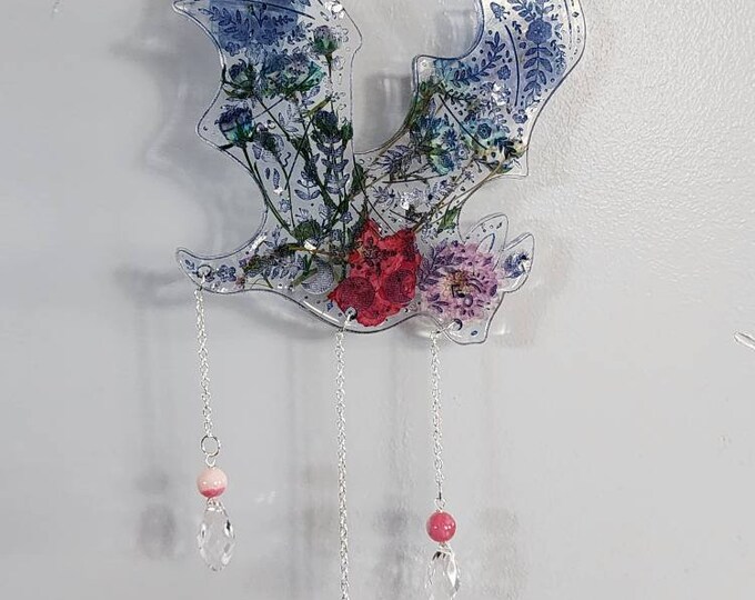 Deep Blue Details with Blue, Pink, Purple Tones Crystal Rainbow Bat Suncatcher with Real Dried Flowers