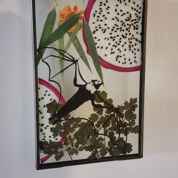 Hanging Flying Fox Gruit Bat Art with Real Dried Flowers and Leaves - dragon fruit