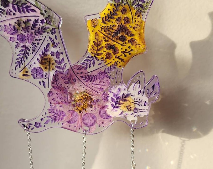 Purple Tones Crystal Rainbow Bat Suncatcher with Real Dried Flowers